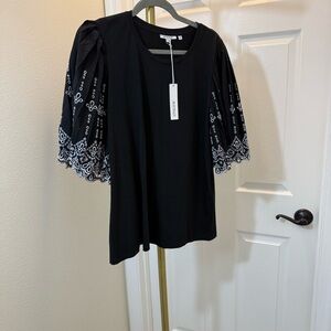 Chico's Black Blouse with White Embroidered Sleeves
